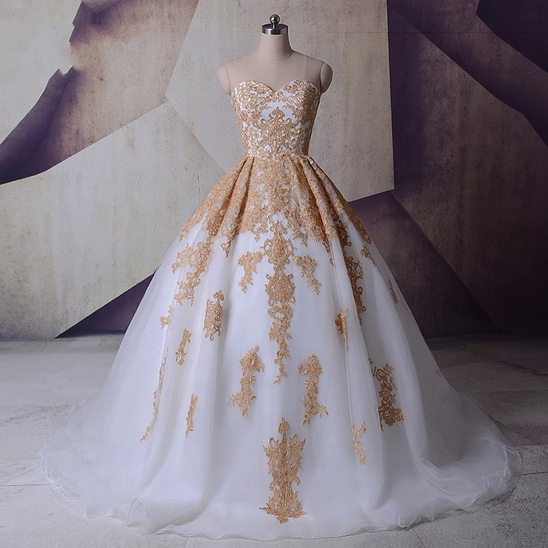 Vestido Gold Lace Appliques Wedding Dresses Princess Ball Gowns - MyChicDress