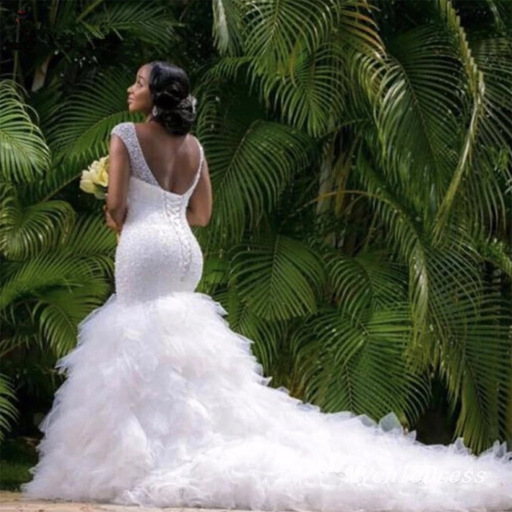 Vintage Sequin Mermaid South Africa Wedding Dresses with Ruffles Train MyChicDress