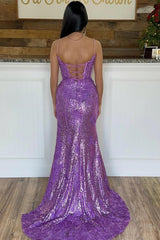 Violet Purple Sequins Prom Dresses Mermaid Lace Long Formal Dress Spaghetti Straps MyChicDress