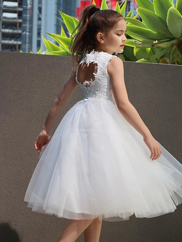 White Cheap Lace Flower Girl Dresses Tulle Sleeveless with Key Hole MyChicDress