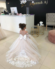 White Lace Tulle Flower Girl Dresses Long Sleeves with Bowknot MyChicDress