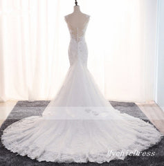 White Long Mermaid Lace Crystals Vintage Wedding Dresses MyChicDress