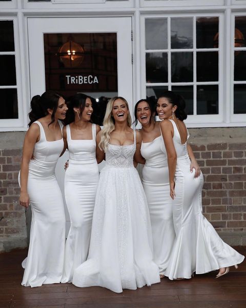 White Satin Bridesmaid Dresses Mermaid Square Floor Length Wedding Guest Dress MyChicDress