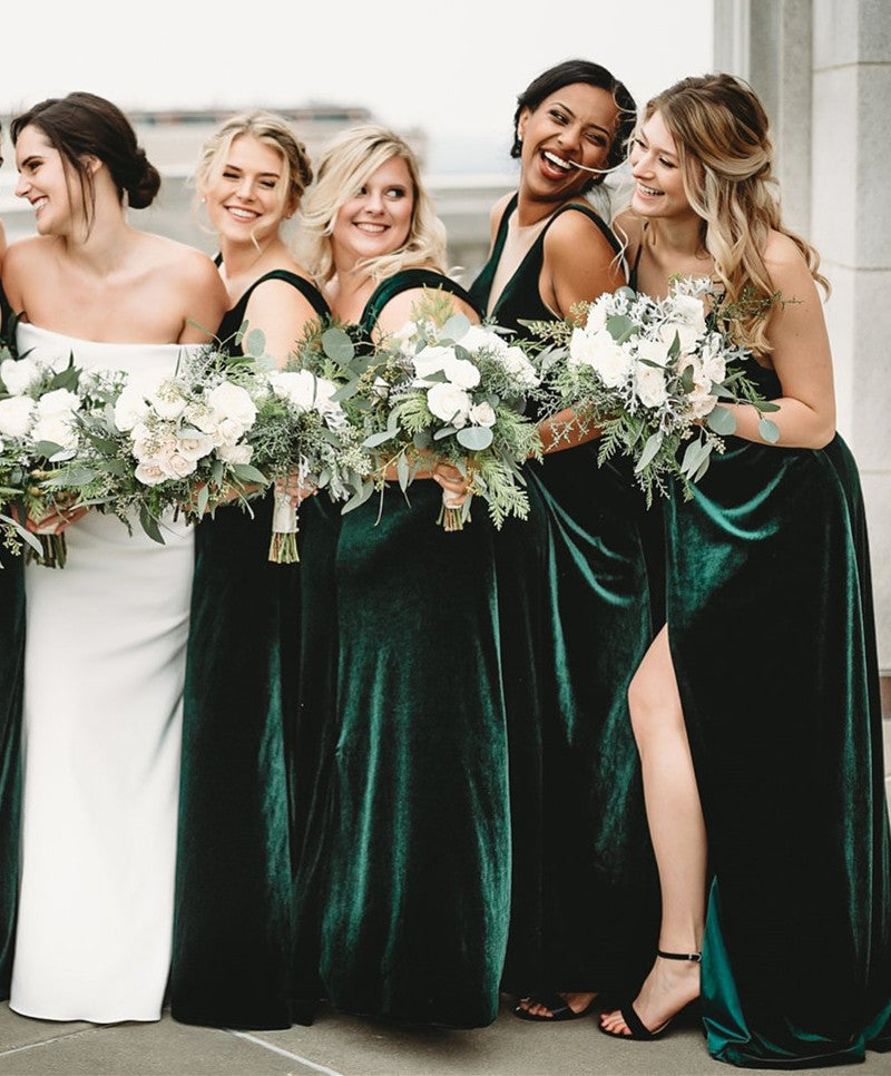 Winter Emerald Green Velvet Bridesmaid Dresses Canada V Neck Sleeveless MyChicDress