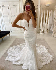 Mermaid Lace Ivory Wedding Dresses Spaghetti Straps Bridal Wears