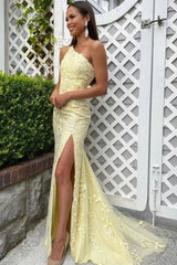 Yellow Lace One Shoulder Prom Dresses Long Mermaid Formal Dresses UK MyChicDress