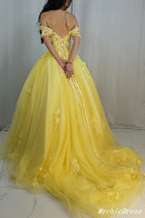 Yellow Lace Prom Dresses Tulle Appliques Long Party Dresses UK MyChicDress