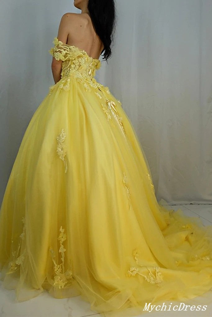 Yellow Lace Prom Dresses Tulle Appliques Long Party Dresses UK MyChicDress