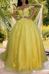 Yellow Lace Prom Dresses Tulle Appliques Long Party Dresses UK MyChicDress