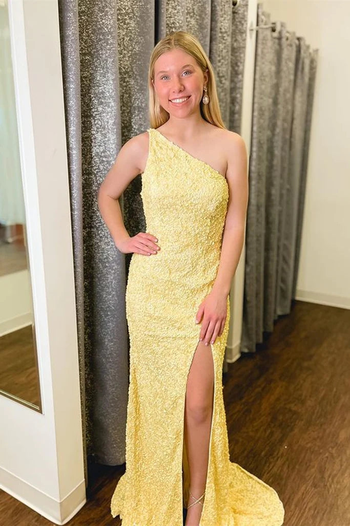 Yellow Long One Shoulder Prom Dresses sequin Mermaid Evening Dresses MyChicDress