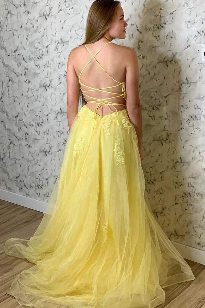 Yellow Prom Dresses Lace Floral A Line Open Back Split Formal Evening Gowns MyChicDress