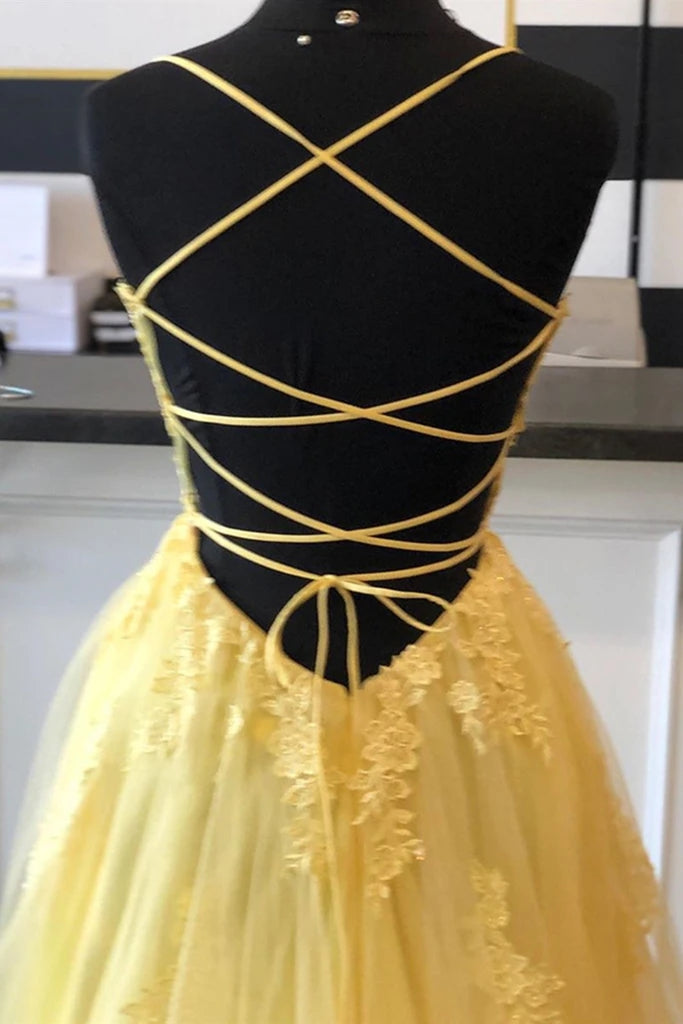 Yellow Prom Dresses Lace Floral A Line Open Back Split Formal Evening Gowns MyChicDress