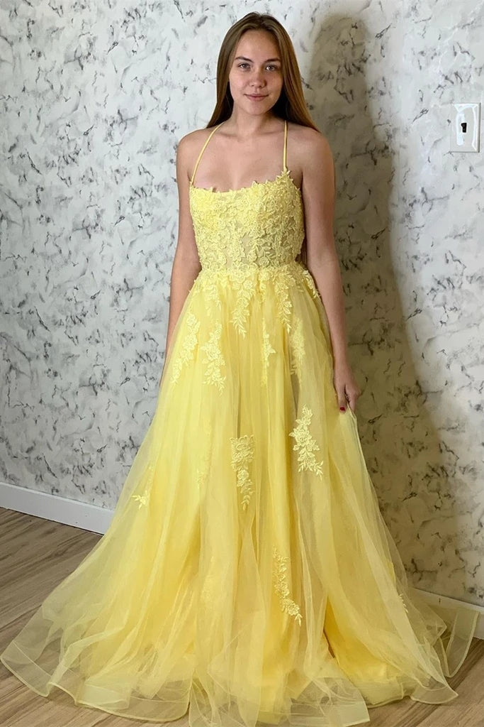 Yellow Prom Dresses Lace Floral A Line Open Back Split Formal Evening Gowns MyChicDress