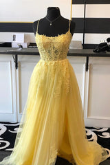 Yellow Prom Dresses Lace Floral A Line Open Back Split Formal Evening Gowns MyChicDress