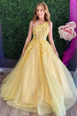 Yellow Lace One Shoulder Prom Dresses A Line Evening Gowns