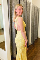 Yellow Long One Shoulder Prom Dresses sequin Mermaid Evening Dresses