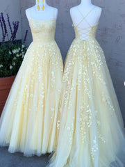 Uma linha de renda amarelo vestidos de baile longos sem mangas vestidos de baile