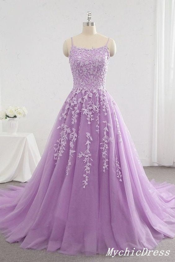 A Line Lace lavender Prom Dresses Spaghetti Straps Applique Long Evening Dress - MyChicDress