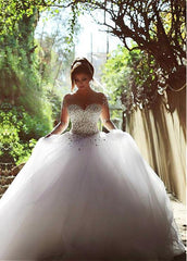 Gorgeous Crystals Tulle Vintage Ball Gown Wedding Dress Long Sleeves