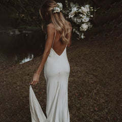 Simple V Neck Spaghetti Straps Mermaid Beach Minimalist Wedding Dresses