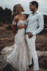 Beach Ivory Lace Wedding Dress Long Bridal Gown