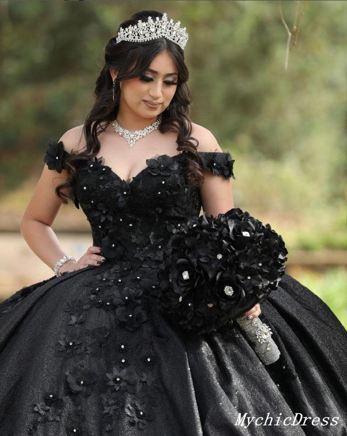  Off the Shoulder Sweet 16 Sequin black Quinceanera Dresses