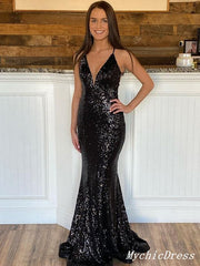 2024 Mermaid Black Sequin Prom Dresses Sparkly Long Evening Gown