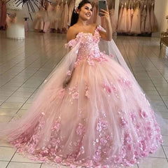 Sweetheart Tulle 3D Flowers Quinceanera Dresses pink with Cape