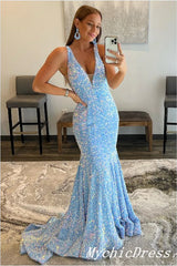 Shiny Sequin Prom Dresses Blue Long V Neck Evening Dresses UK
