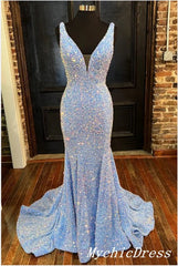 Shiny Sequin Prom Dresses Blue Long V Neck Evening Dresses UK