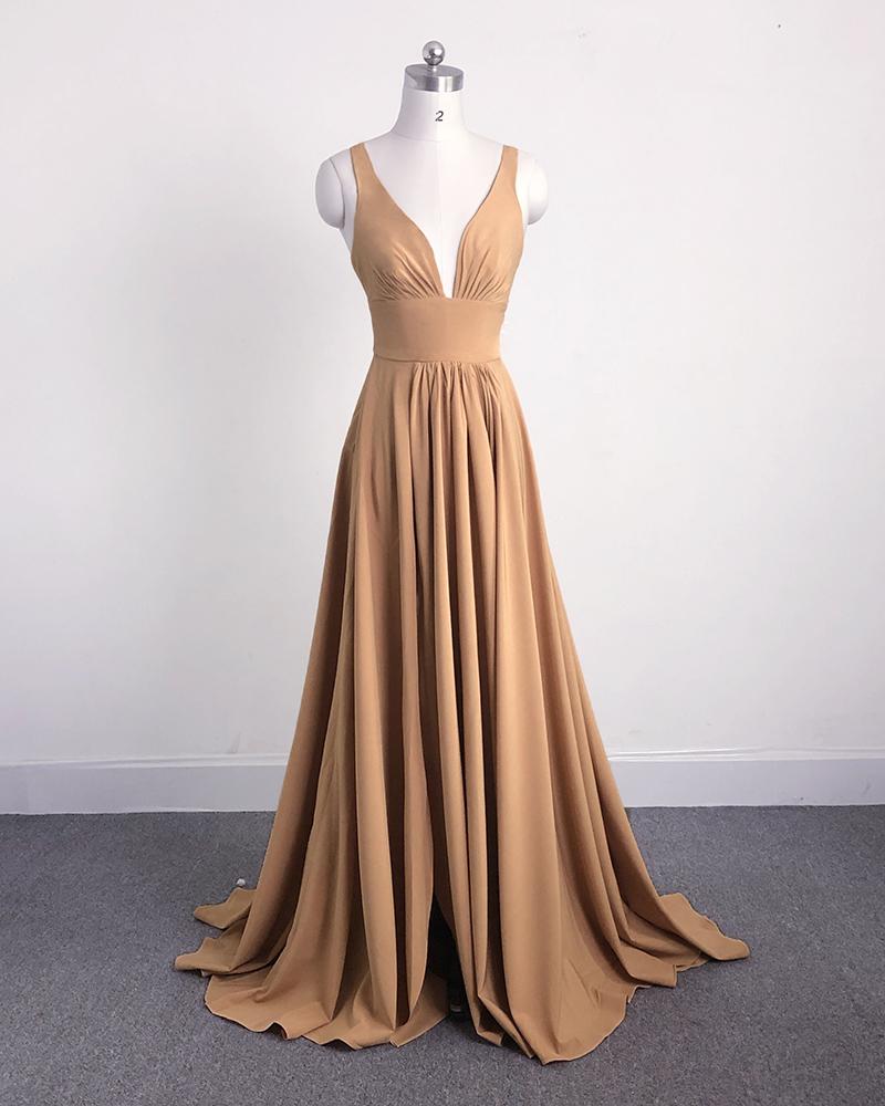 Long Beach V-Neck gold Bridesmaid Dresses Backless Slit Side