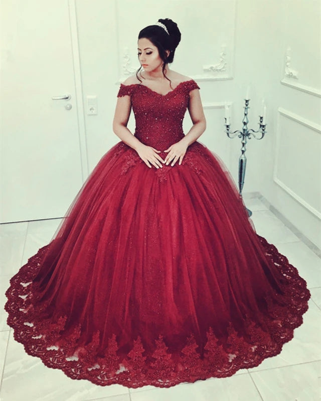 burgundy Quinceanera Dresses Beaded Lace Off Shoulder Sweet 16 Dress