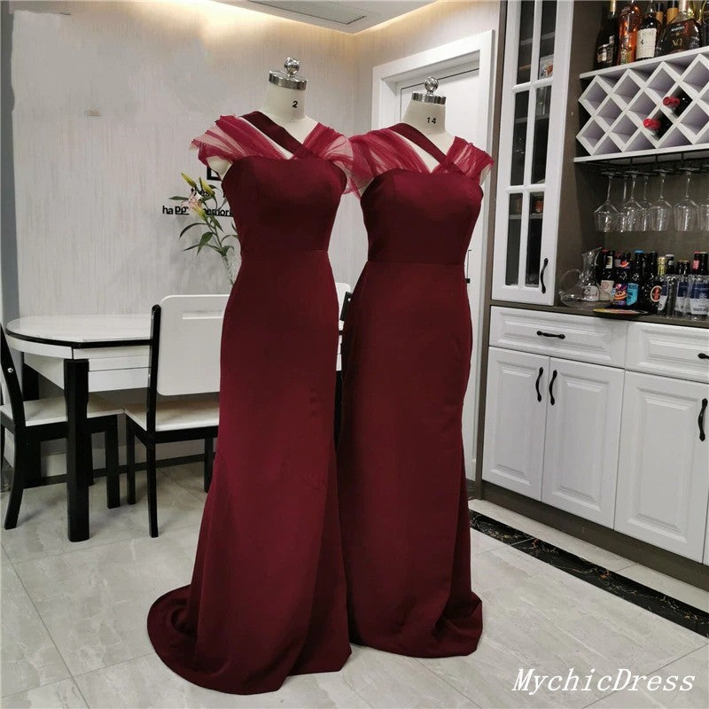 Unique Satin Bridesmaid Dresses burgundy Mermaid Long Wedding Guest Dress