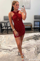 2024 Mini Burgundy Homecoming Dresses Sequin Short Cocktail Dress