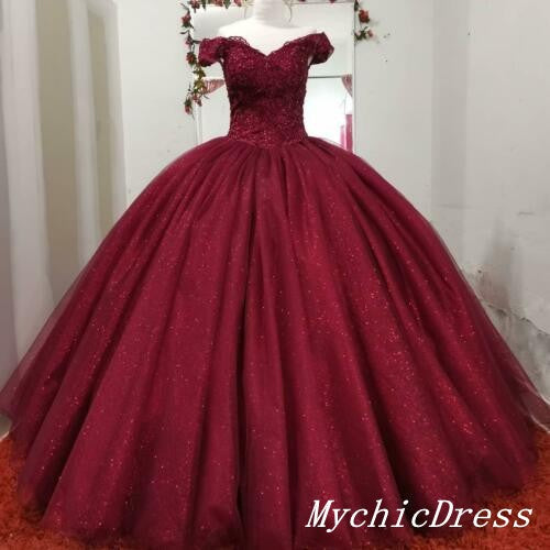 Hot 2025 Burgundy Ball Gown Sequin Wedding Dresses Lace Quince Dresses