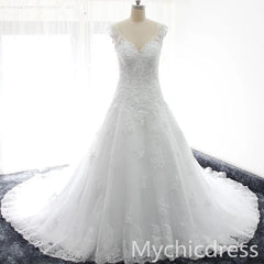 V Neck Lace Appliques Sequins Wedding Gowns Cap Sleeves