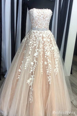 A Line 2025 Champagen Lace Prom Dresses Strapless Beaded Belt Zipper Back