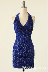 Cheap 2024 Halter Royal Blue Homecoming Dresses Mini Tight Sparkly Cocktail Dress