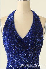 Cheap 2024 Halter Royal Blue Homecoming Dresses Mini Tight Sparkly Cocktail Dress