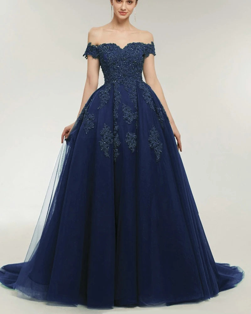 Lace Ball Gown navy blue Prom Dresses Off the Shoulder Formal Gowns