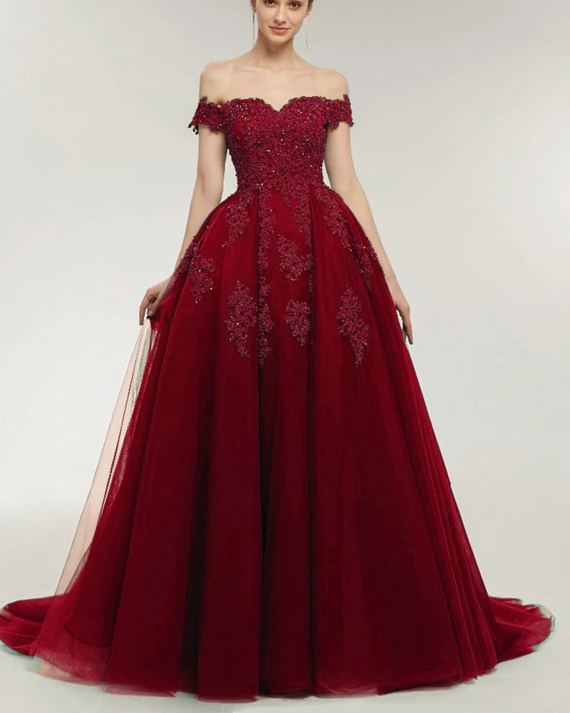 Lace Ball Gown Prom Dresses burgundy Off the Shoulder Formal Gowns