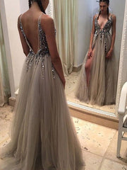 Sheath Beading Sequins Sleeveless V Neck Tulle Prom Dresses