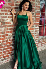 Sexy Simple Emerald Green Prom Dresses Long Evening Dress with Slit