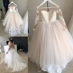 Princess Long Sleeves Lace Flower Girl Dresses with Bowknot