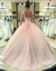 Long Sleeves Lace Pink Quinceanera Dresses