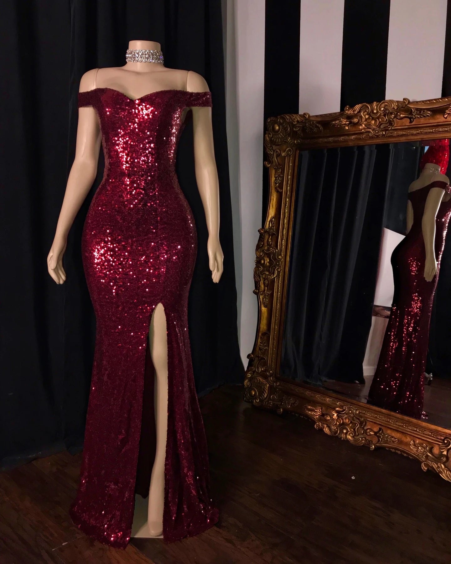 Long Mermaid Burgundy Sequin Glitter Evening Gown