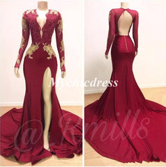 Long Mermaid Gold Red Lace Prom Dress