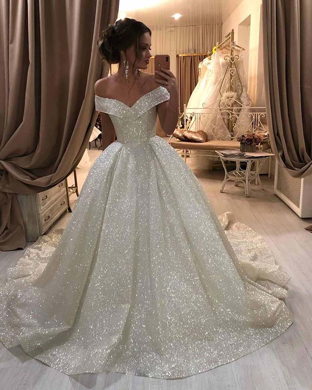 Sparkly Bling Bling Sequins Ball Gowns Wedding Dress Off Shoulder