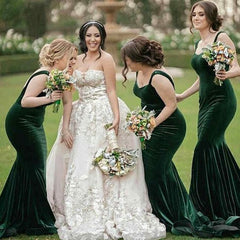 Mermaid Dark-Green Velvet Bridesmaid Dress Sexy Evening Gown