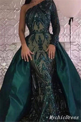 2024 Long Lace one Shoulder Prom Dresses Emerald Green UK Detachable Train